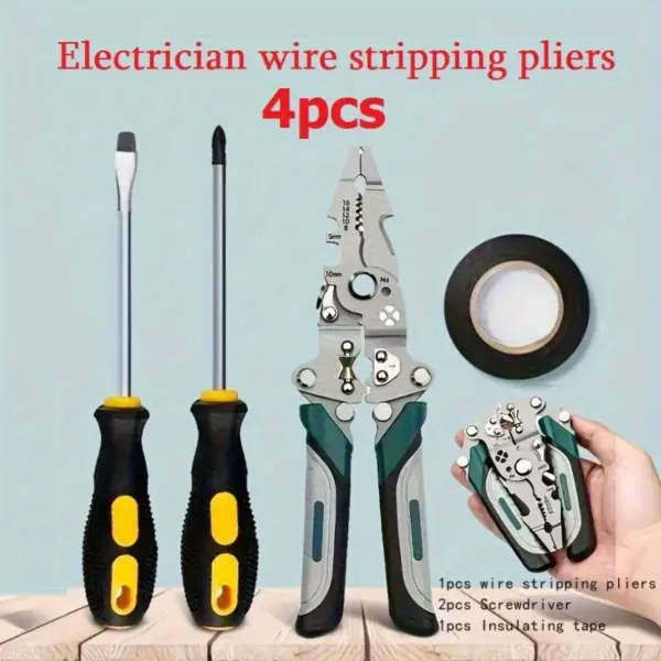 4-Piece Electrician Multi-Functional Pliers Set – Foldable Wire Stripper, Crimping Pliers, Screwdrivers & Insulating Tape for DIY, Electrical & Industrial Use