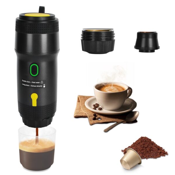 Portable Electric Espresso Machine – Self-Heating Travel Coffee Maker for Car, Camping & Office (Capsule & Ground Coffee Compatible)